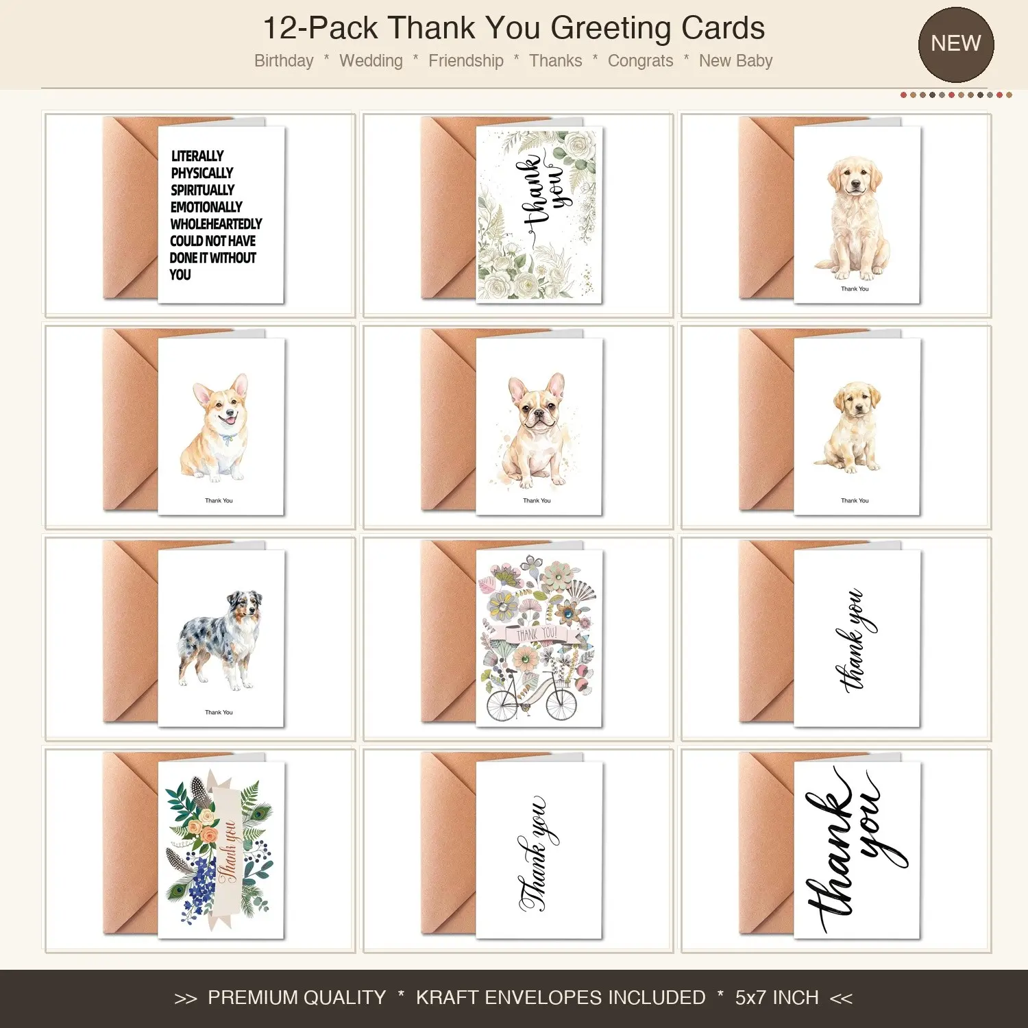 Thank You Cards 12 Pack with Envelopes – Floral and Dog Portrait Greeting Cards for Teachers, Friends, Family, Blank Inside