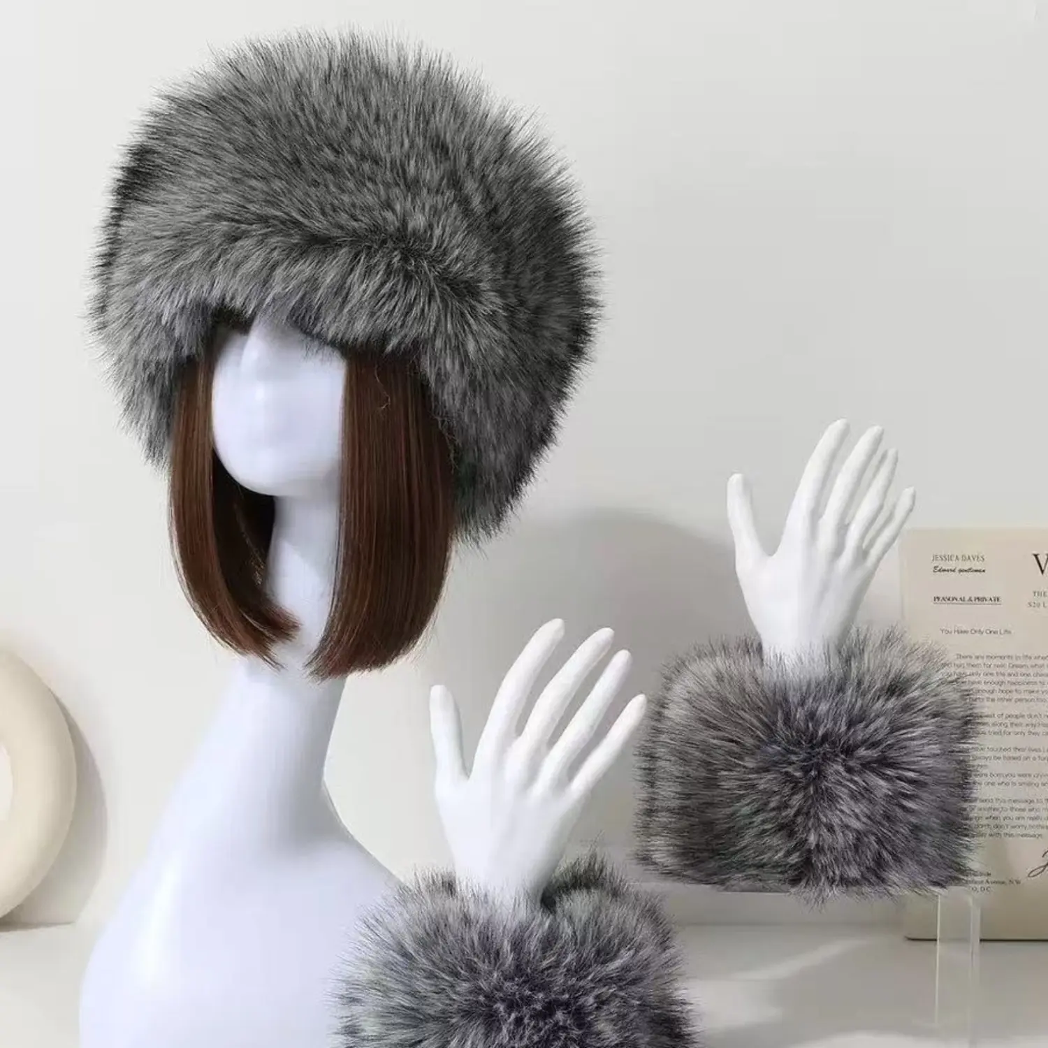 Luxury Faux Fur Hat and Cuffs Set, Fluffy Faux Fox Fur Russian Cossack Cap with Matching Wrist Warmers for Women, Thick Winter Warm Skiing Headwear, Elegant Holiday Gifts