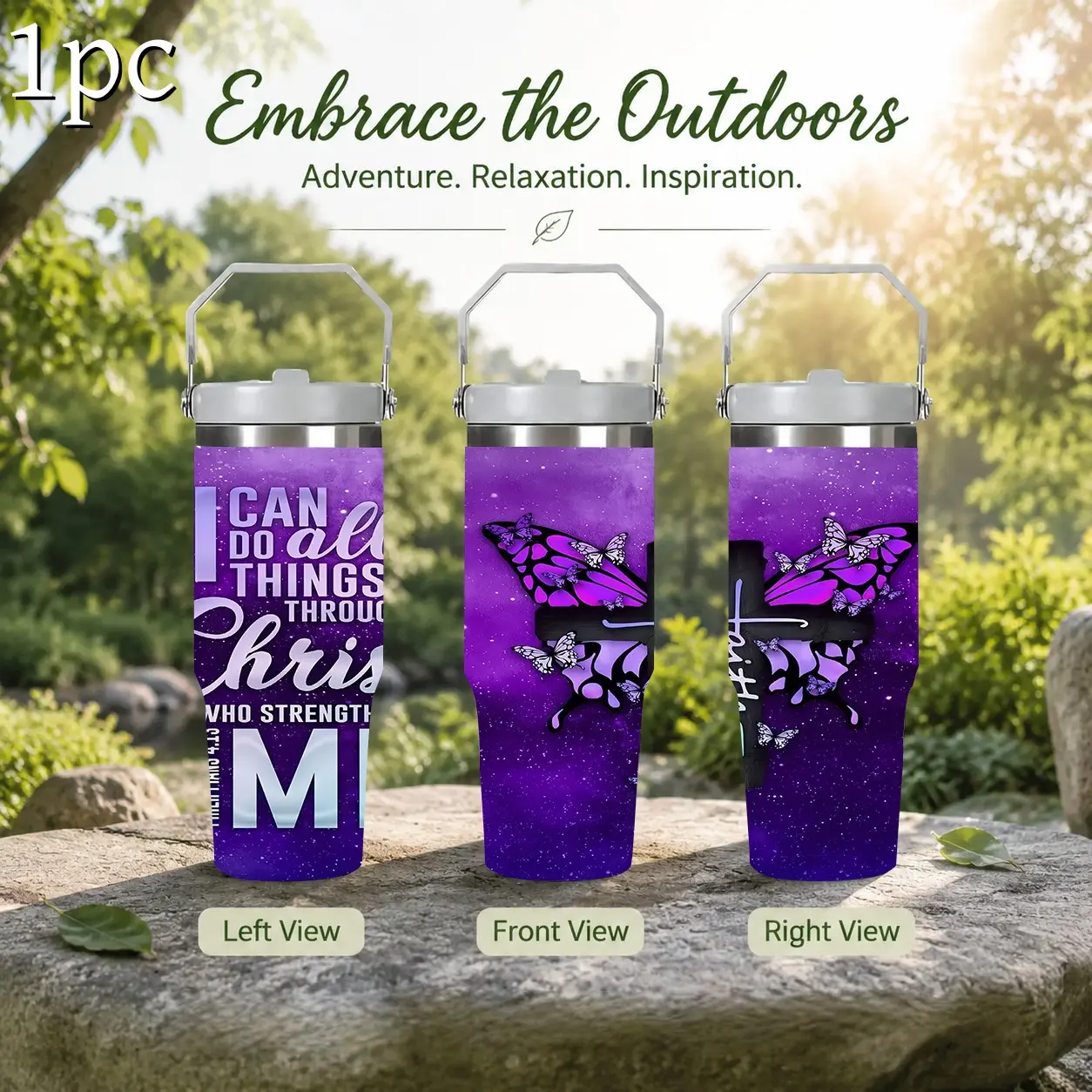 1pc 30/40oz Large Capacity Faith Thermal Cup with  Handle, Double Wall Vacuum Hot Cold Water Bottle, Flip Leakproof Lid, Church Religious Outdoor Tumbler，Scripture "Who Strengthens Me" Print, Perfect Birthday & Baptism Gift for Christian Ladies