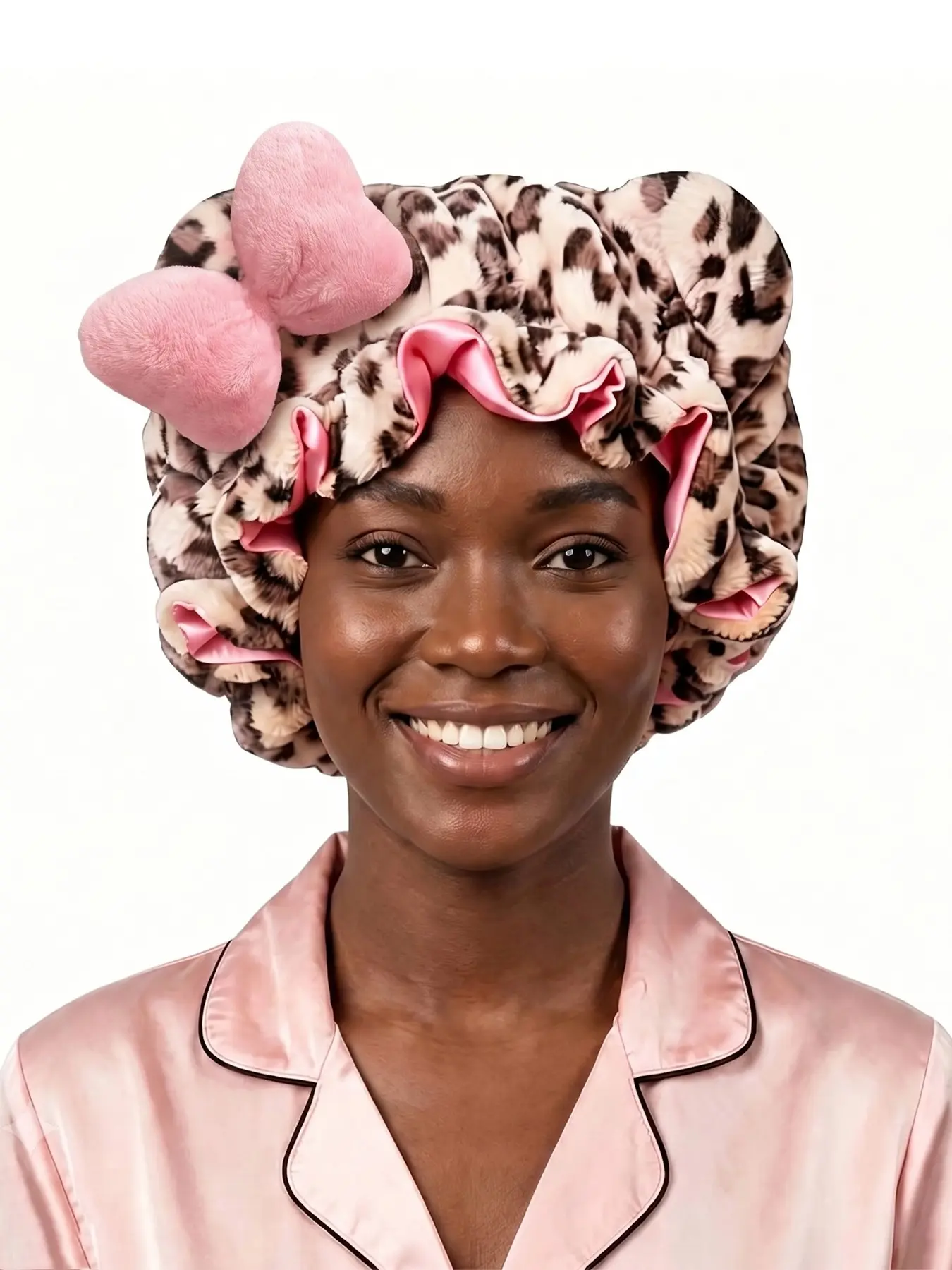 Leopard Print Teddy Plush Hair Bonnet, Satin Lined Soft Fluffy Night Sleep Cap, Adjustable Bear Ear Hair Wrap for Women Curly Hair, Bonnets For Sleeping