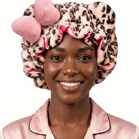 Leopard Print Teddy Plush Hair Bonnet, Satin Lined Soft Fluffy Night Sleep Cap, Women's Adjustable Bear Ear Hair Wrap for Curly Hair, Bonnets for Sleeping