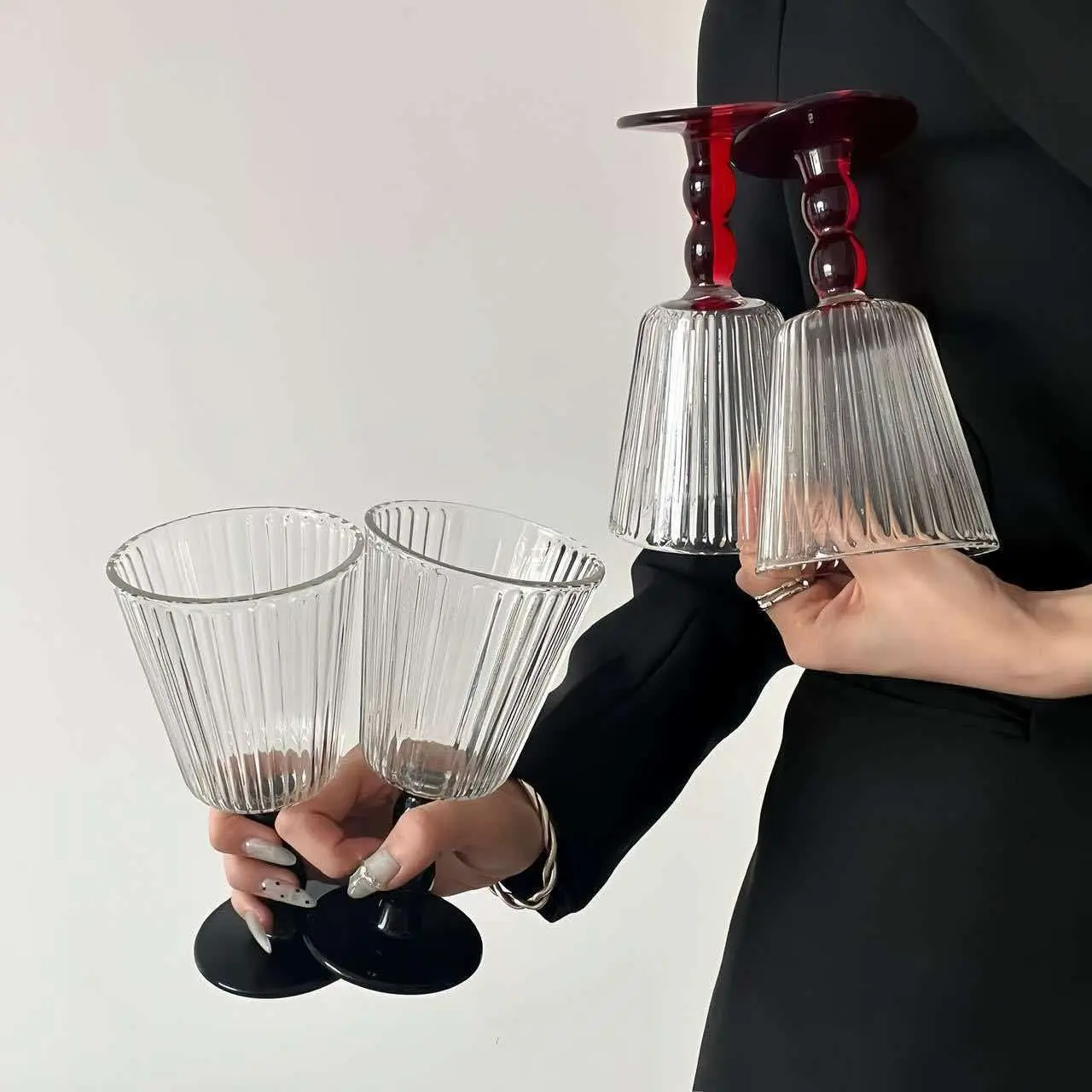 Vintage French Style Tall Glass Cup, High Aesthetic Vertical Pattern Wine Glass, Beverage Cup, Ice Cream Glass, Elegant Design