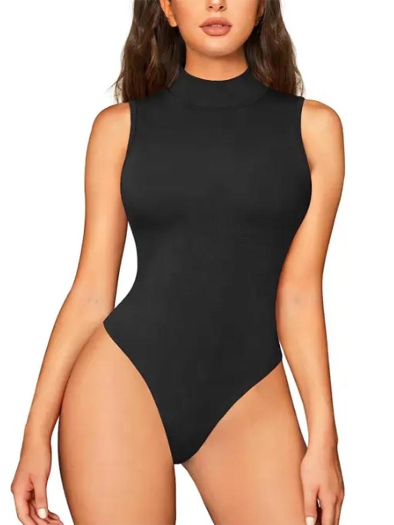 Women's Plain Mock Neck Bodysuit, Solid High Stretch Breathable Bodysuit, Ladies Clothes For Summer Daily Wear, High Compression Shapewear