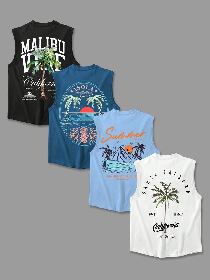 Men's Letter & Tropical Print Round Neck Tank Top, Regular Fit Casual Sleeveless Crew Neck Vest for Summer, Men's Top for Daily Wear, Sleeveless Tank Tops