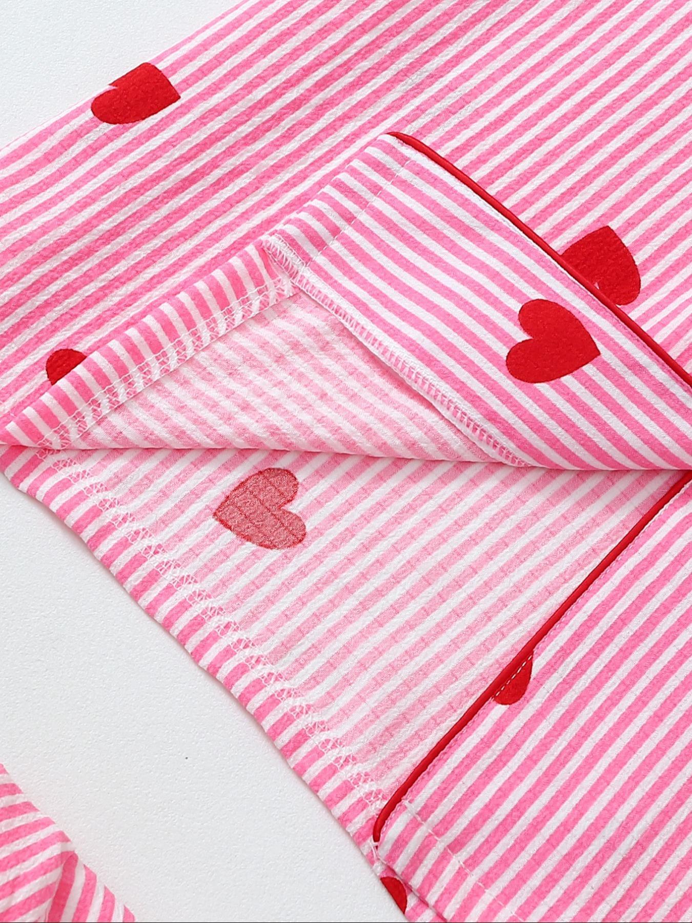 Women's Heart Print Short Sleeve Pajama, Casual Comfy Striped Print Lapel Neck Pocket Shirt & Pants PJ Set, Ladies Sleepwear for All Seasons, Loungewear, Pajamas Lounge Set