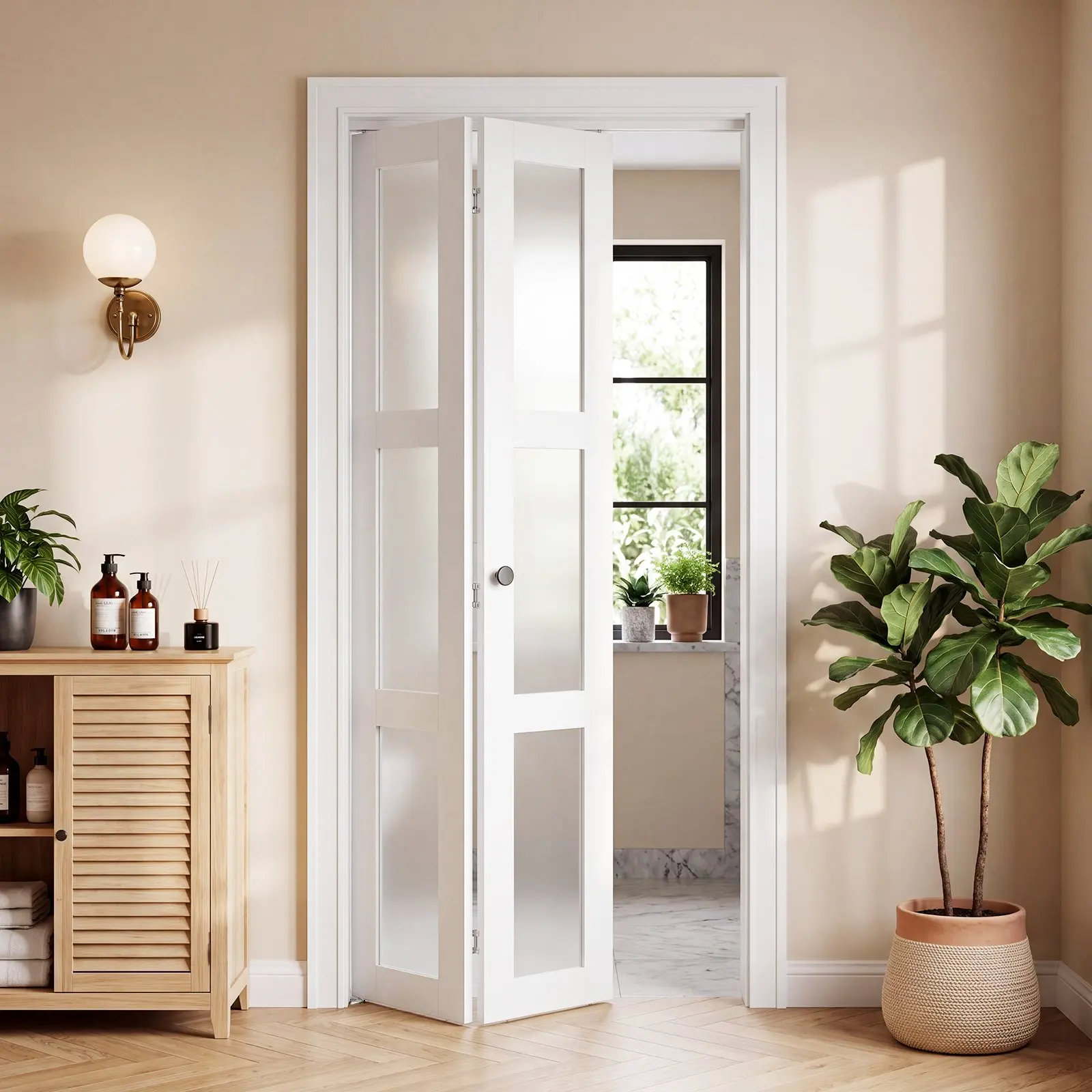 VEVOR 2-Panel Bifold Closet Doors, 30" (Double 15") x 80" 3-Lite Frosted Glass Barn Door, Metal Hardware Kit, Sturdy Composite Frame, Modern Space-Saver for Closets, Bedrooms, 3-Lite Glass