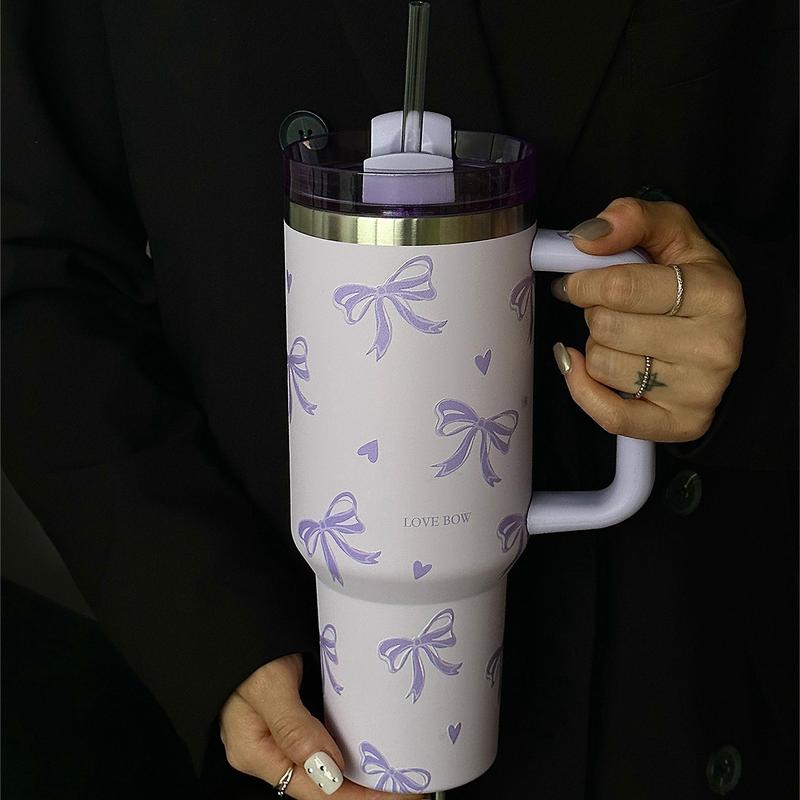 Bow Pattern Tumbler Cup, 40oz Large Capacity Stainless Steel Insulated Cup with Handle, Portable Coffee Cup for Travel, School, Office, Outdoor, Gym, Drinkware, Vacuum Insulated Tumbler