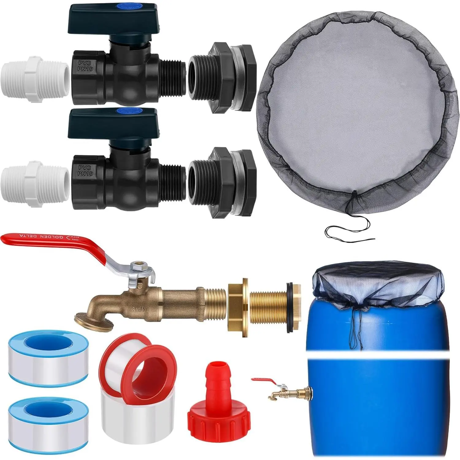 4 Set Rain Barrel Kit Barrel Spigot Kit 3/4 Mesh Cover with Drawstring PVC Barrel Spigot Brass Faucet Kit Bulkhead Fitting Hose Faucet Adapter Thread Seal Tape for Rain Barrel Water
