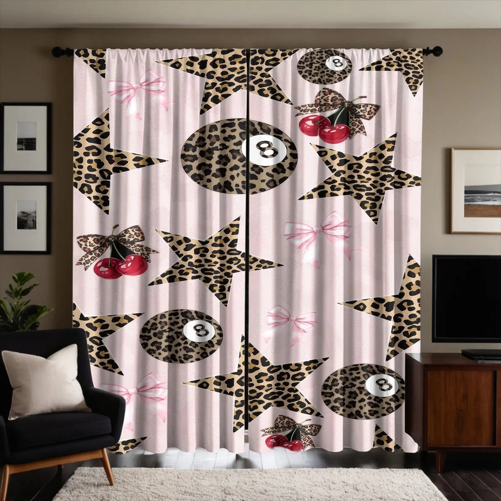 2pcs Leopard Print Star Pink Bow Red Cherry Lucky 8 Billiards Patternprint Curtains, Brushed Fabric Semi-Blackout Curtains (With Privacy Protection In Mind), Fade-Resistant, Rod-Pocket Style; Suitable For Bedrooms And Living Rooms. Machine Washable