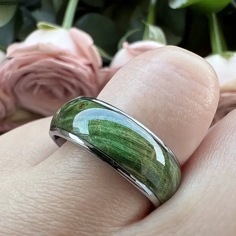Unisex Glossy Green MDF-Steel Ring with Wood Grain Resin Inlay, Smooth Dome Universe Pattern Comfort Fit Band for Everyday Wear, Leisure & Outdoor Use