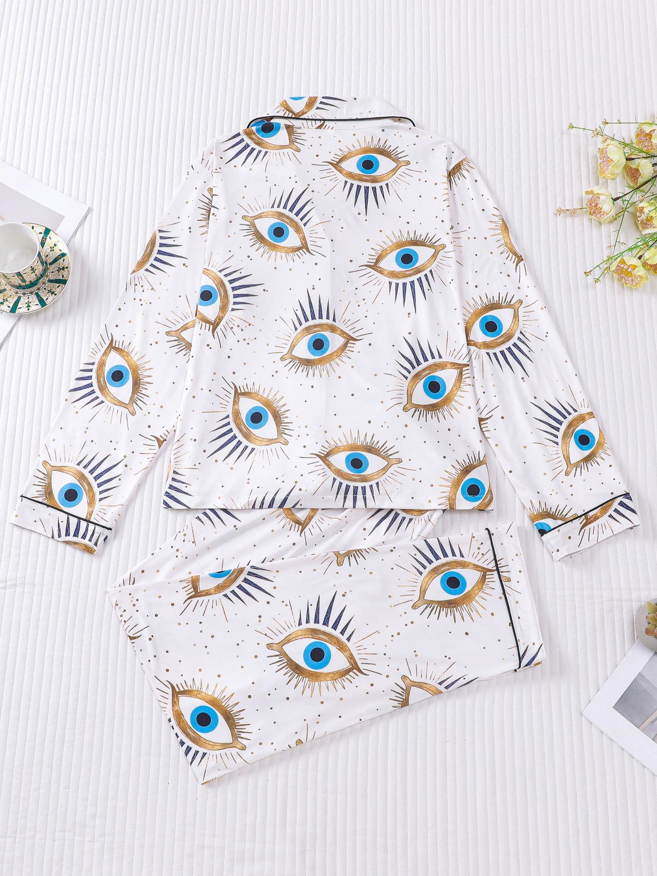 Women's Random Print Pajama Set Loungewear, Casual Comfy Long Sleeve Button Up Top & Elastic Waist Pants PJ Set, Ladies Sleepwear for All Seasons