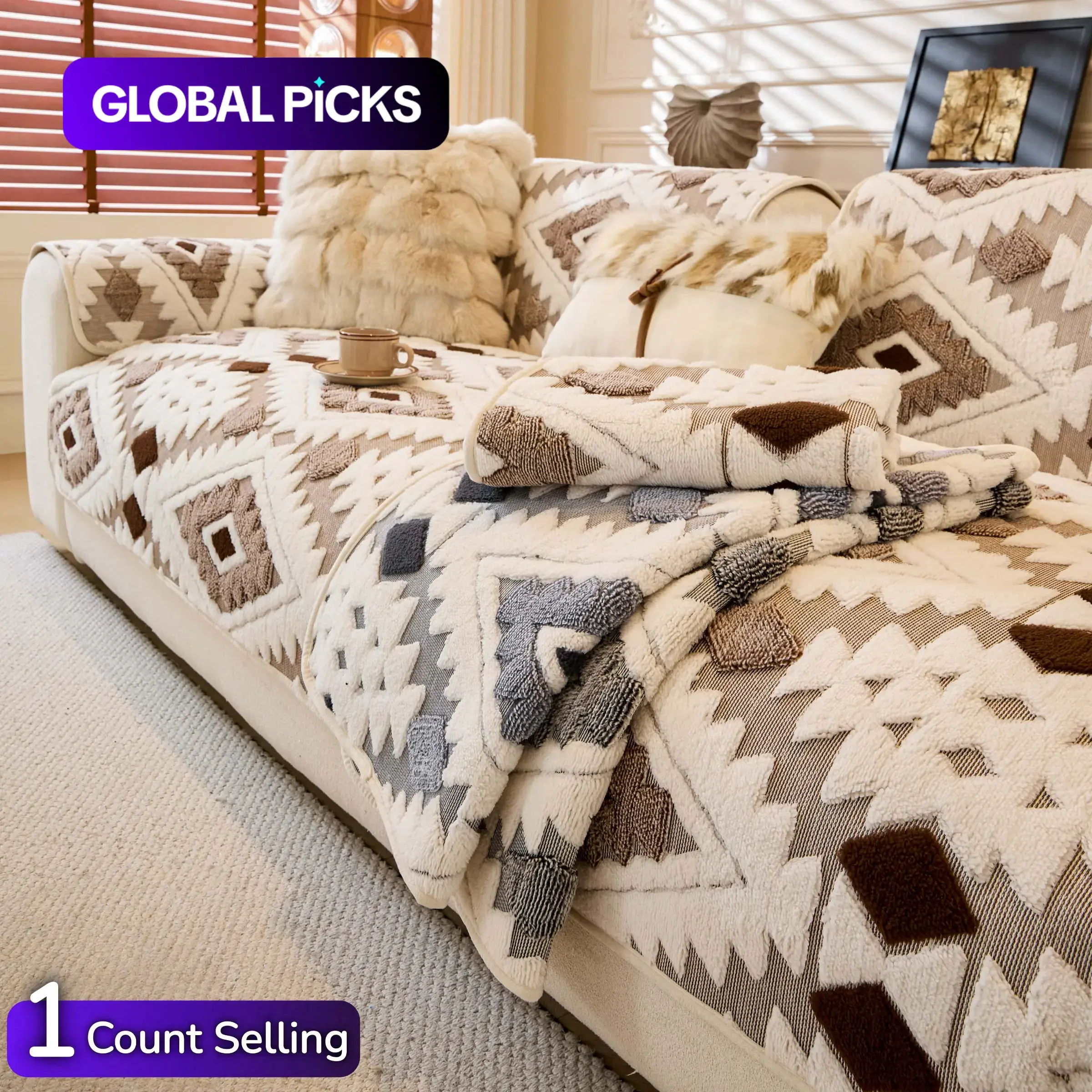 Boho Style Geometric Pattern Quilted Sofa Cover, Couch Cover, Soft Comfortable Dustproof Slipcover, Sofa Protector & Cushion Cover for Home Living Room, Bedroom, Hotel & Dormitory #GLOBAL PICKS