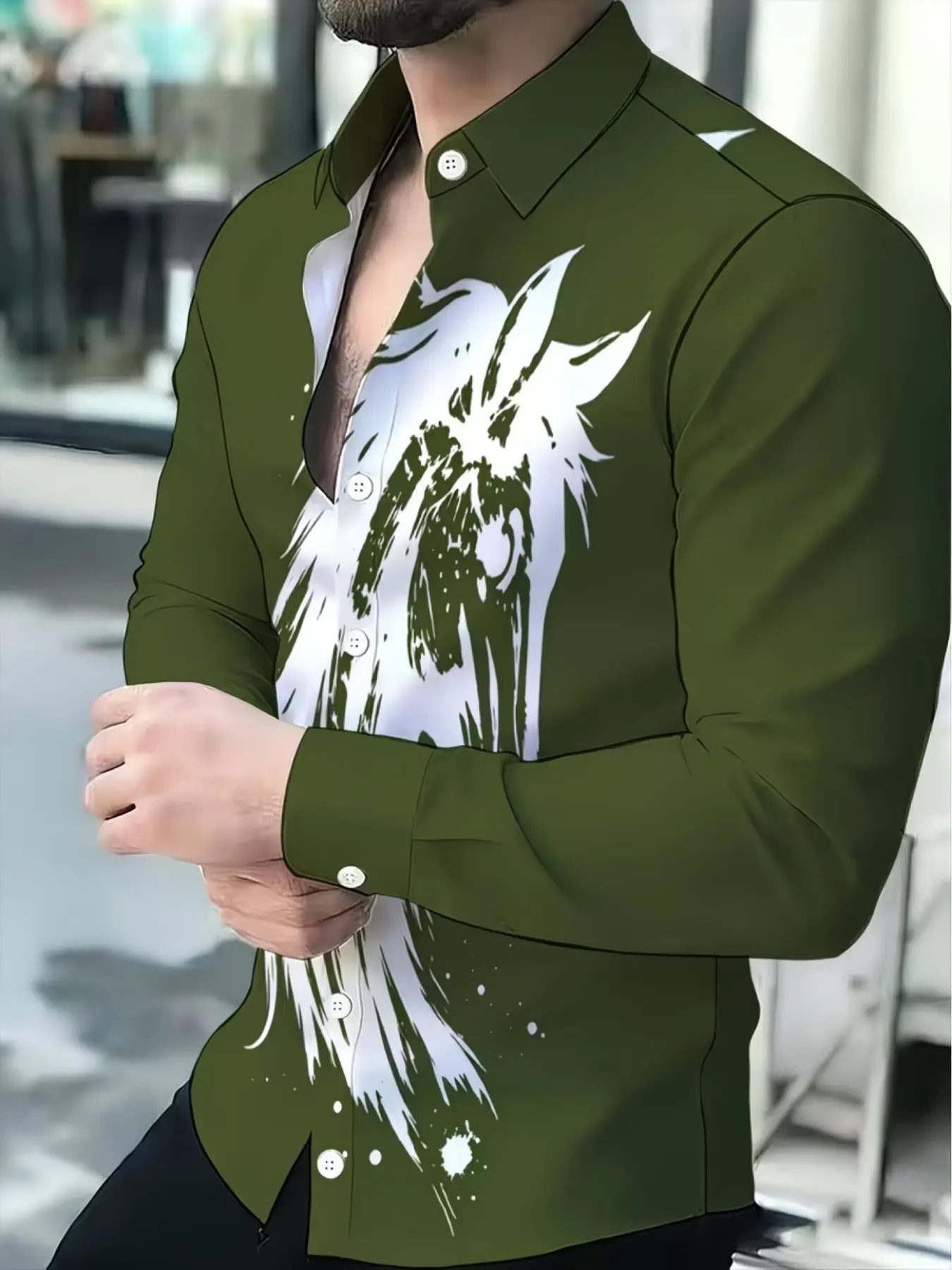 Men's Color Print Long Sleeve Shirt, Fashion Abstract Pattern, Casual Business Style, Slim-Fitting Graphic Top, Trendy Two-In-One Design