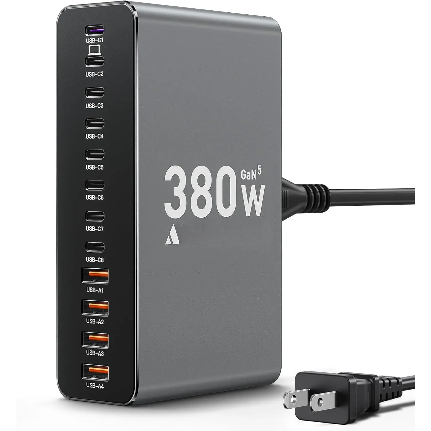 12-Port Alloy Metal Multi-Device USB-C Charger Block with 380W Power, 65W GaN Charger for Simultaneous Charging of MacBook Pro/Air, iPad Pro