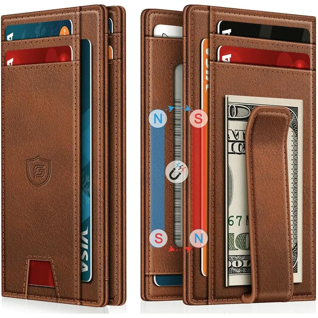 Wallet for Men 14-16 Cards, Men's Leather Wallet, Minimalist Thin Card Holder RFID Blocking  Clip with Simplified Bill Folder &  Closure, Gifts for Men, Brown