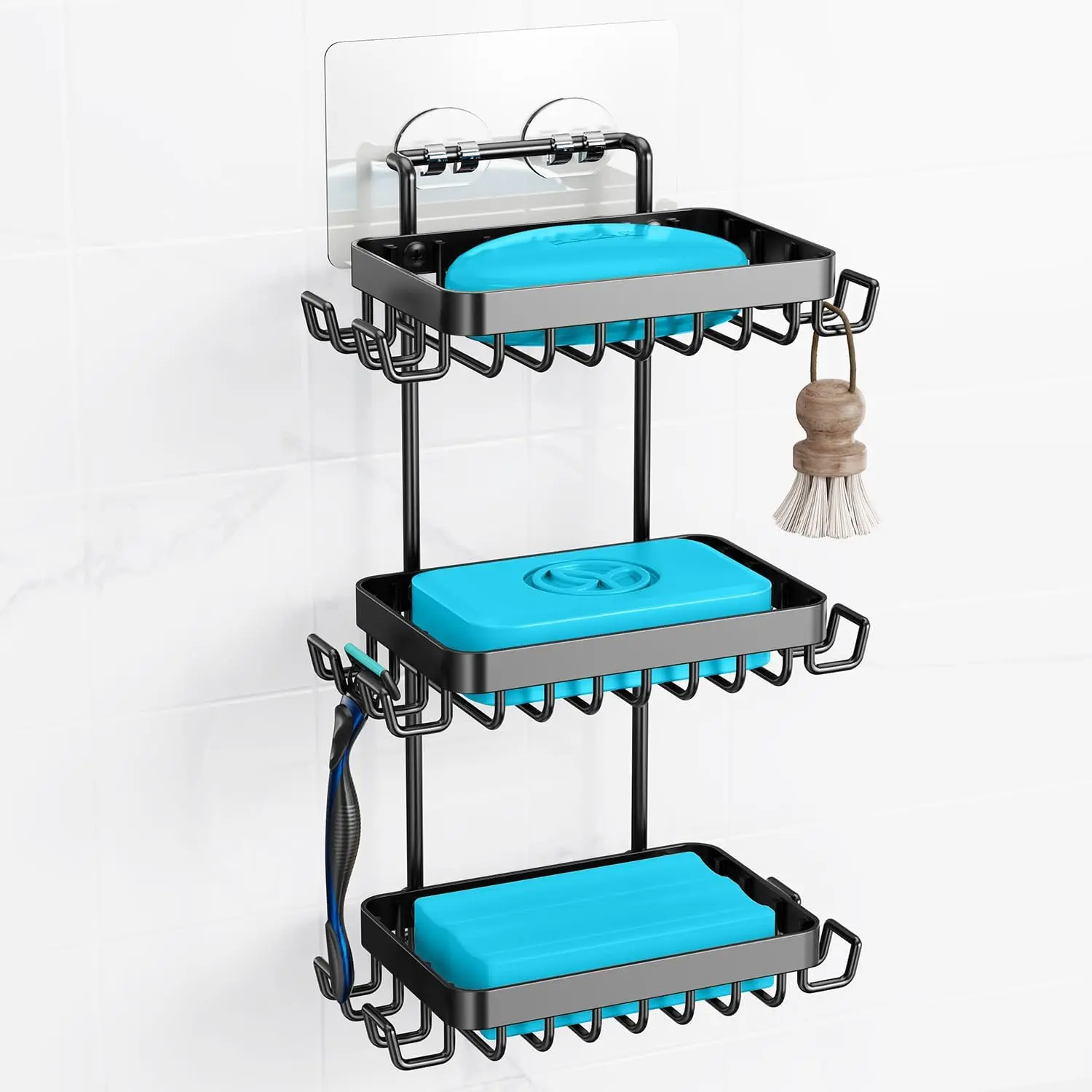Bar Soap Holder, Soap Dish for Shower Wall| Stainless, 3 tier, razor holders, 8,, sink, wall mounted, no drilling, counter, black