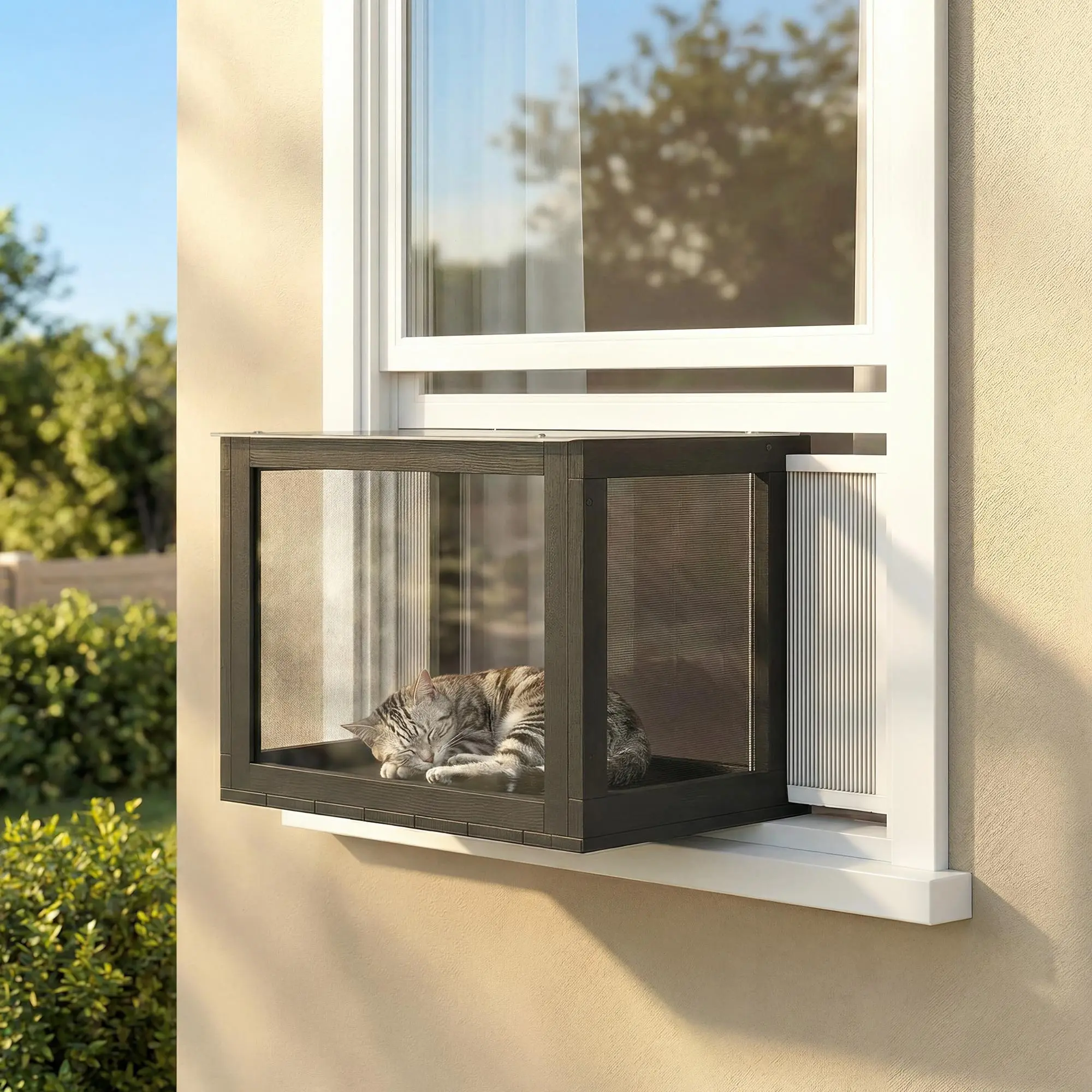 PawHut Catio Outdoor Cat Enclosure, 25"–41" Adjustable Outdoor Cat House with Climbing Platform, Elevated Cat Shelter for Sunbathing, Napping & Overlooking, Kitty Playpen for Backyard, Patio & Garden
