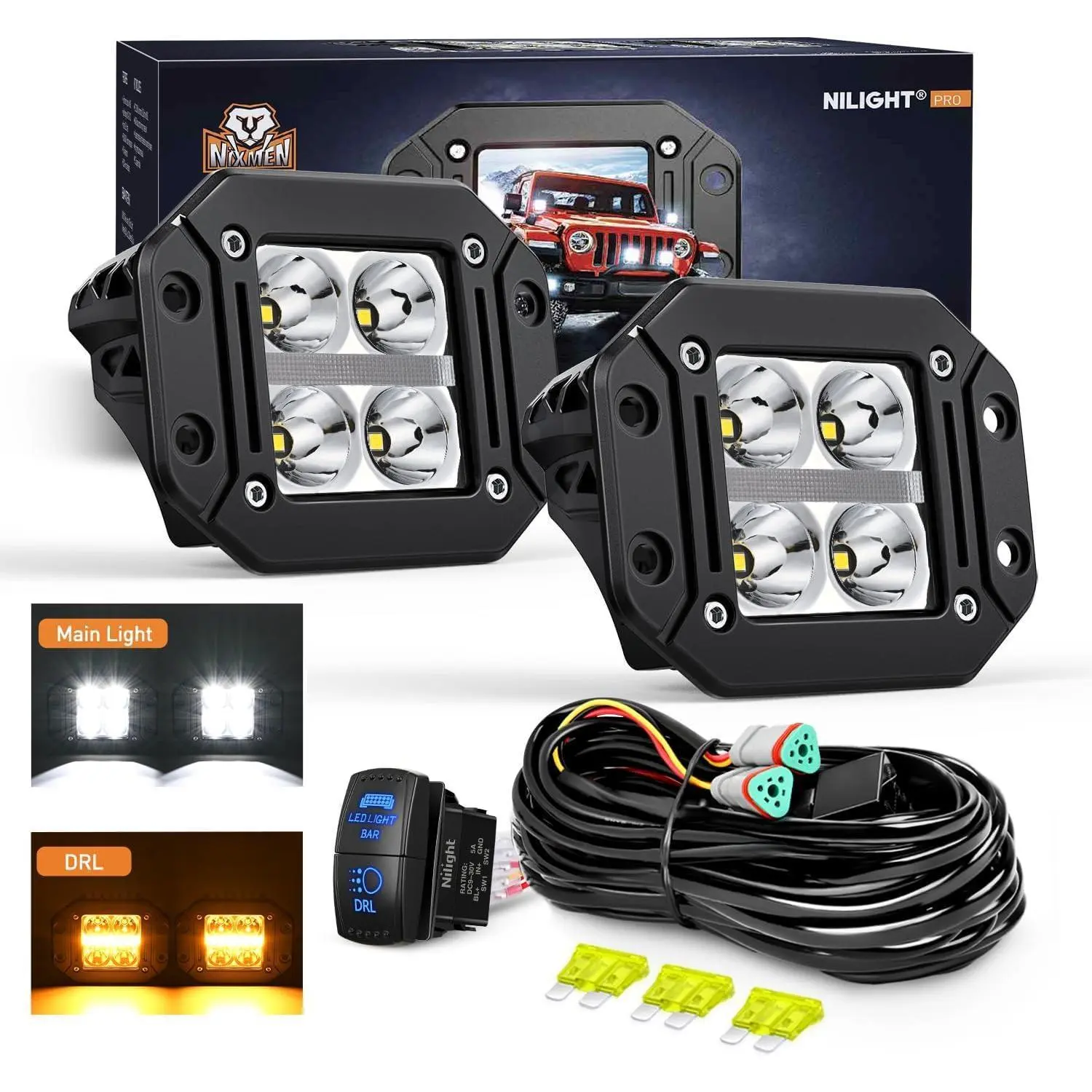 Nilight 2PCS 4.8Inch Flush Mount LED Off-Road Pods with Amber DRL, 20W Per Pod 2510LM Spot Beam, Aluminum Body, 9-30V DC, 50000H Lifespan, 16AWG Fused Wiring Kit (Includes Wiring) for Trucks/SUVs