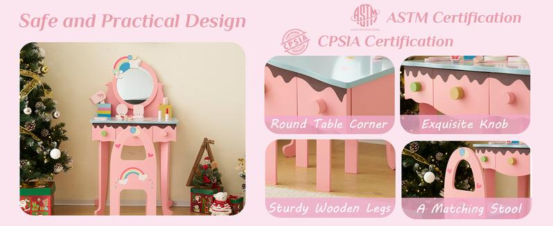 Karlhome Kids Vanity Table and Chair Set, Princess Toddler Dressing Table with 7pcs Multiple Make up Accessories 3 Drawers & Tabletop Storage, Wooden Pretend Play Vanity Set for Little Girls