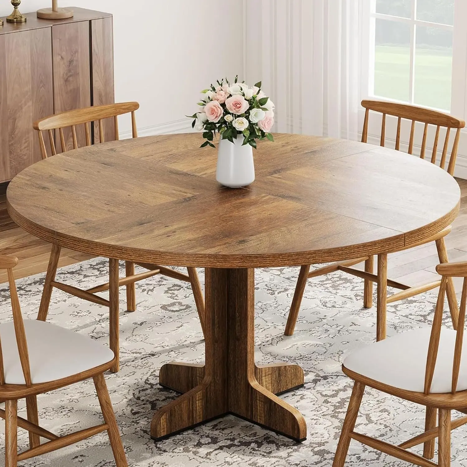 Round Dining Table for 4-6 People, 47 Inch , Farmhouse Circular Kitchen Table With Sturdy Metal Frame & MDF Tabletop, Seats Up To 4-6 People, Rustic Round Dinner Furniture For Kitchen, Dining Room & Living Room Daily Family Use (Table Only)