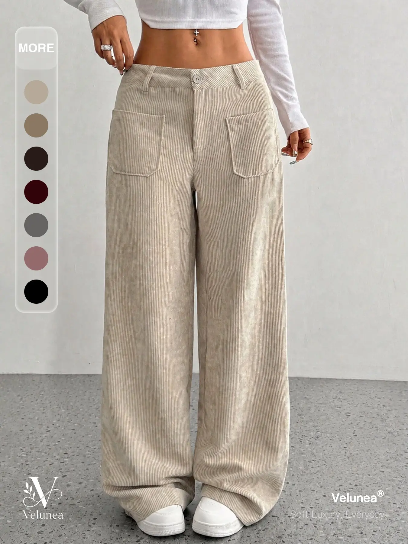 Velunea Women’s Corduroy Wide Leg Pants, Low Rise Baggy Trousers with Front Patch Pockets and Relaxed Casual Streetwear Style Bottom