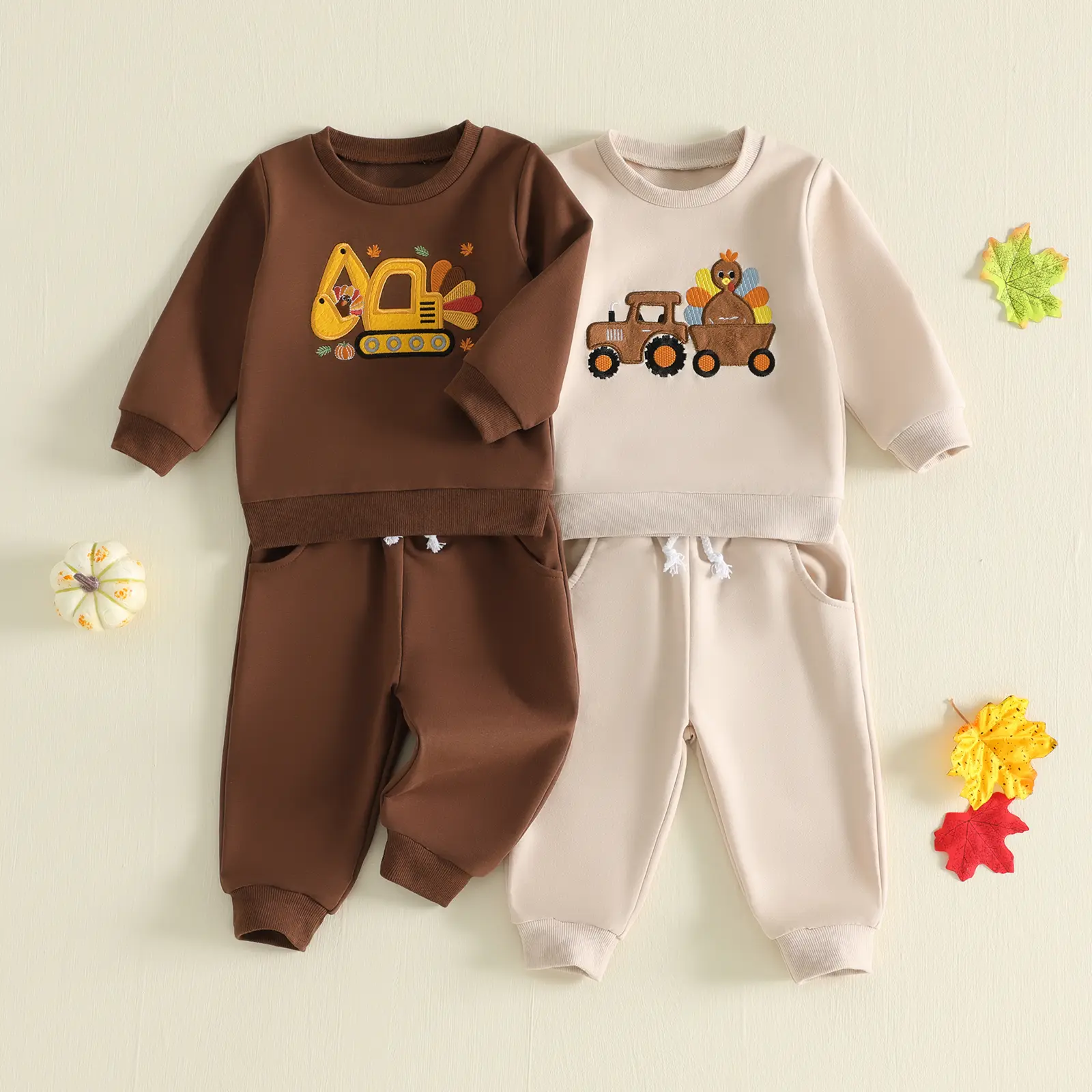 REDWOON Toddler Baby Little Boy Thanksgiving Outfit Excavator Tractor Turkey Embroidery Long Sleeve Top And Drawstring Pants Tracksuit Set