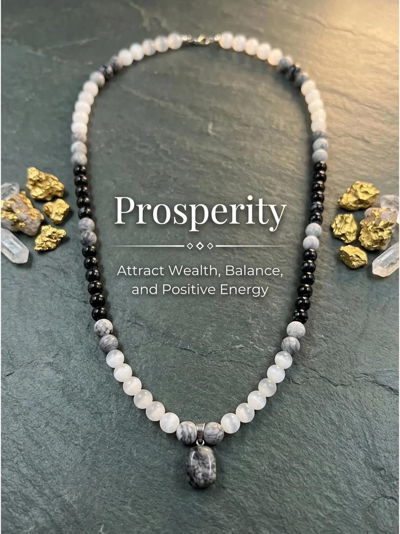 Natural gemstone beaded necklace, suitable for both men and women, black and white gemstone pendant necklace, auspicious symbolism, simple style, perfect for everyday wear, and the best gift for him.