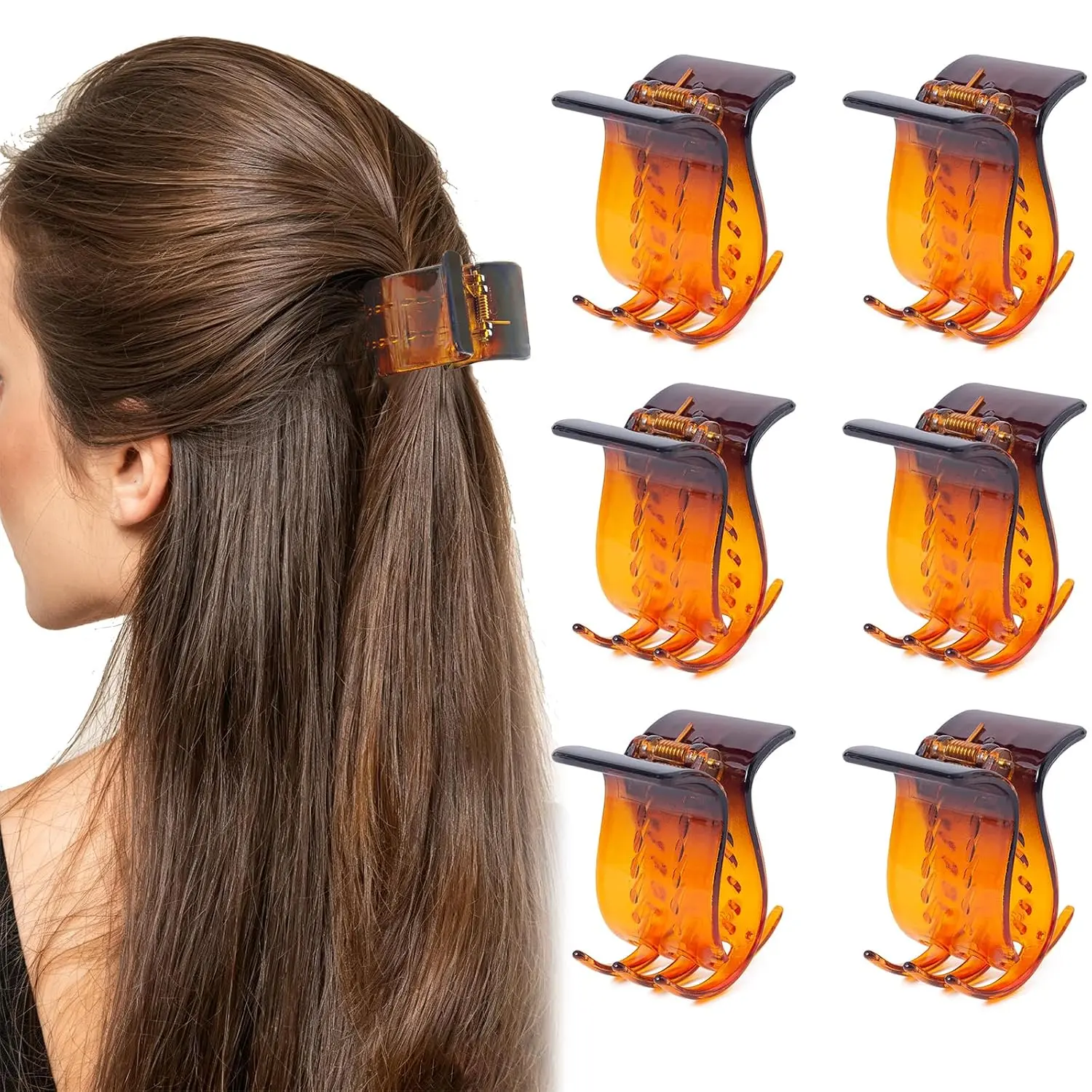 6 count 1.97" Double Row  Hair Clips for Women, Medium Claw Clips for Thin Fine Hair,  Hold Hair Claw Clips, Non-slip Stylish Plastic Hair Claws for Girls, Brown