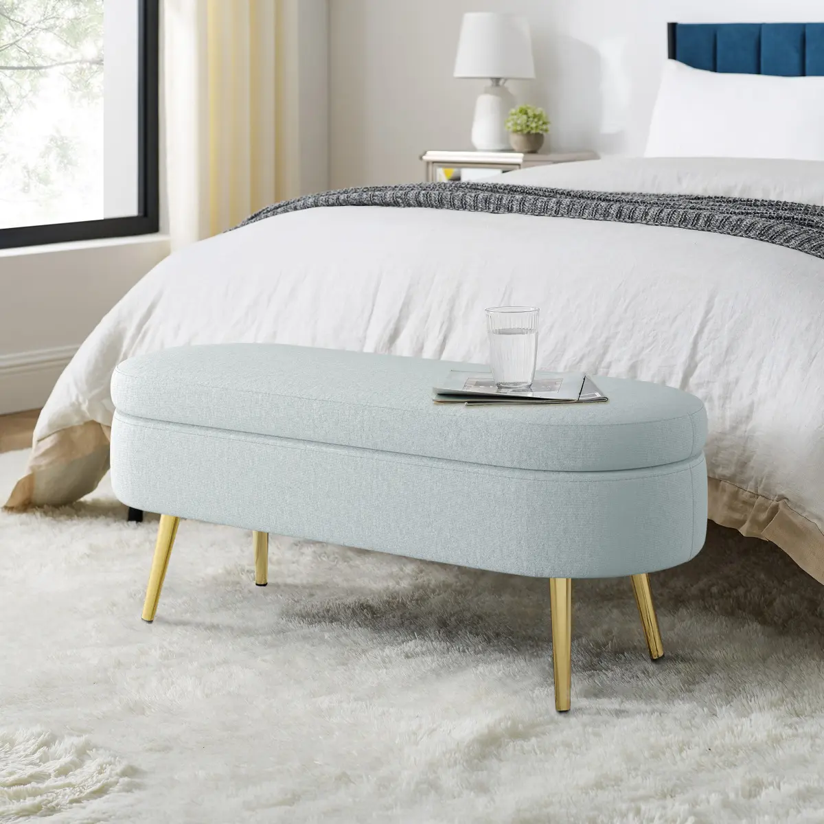Ottoman Oval Storage Bench, Flannel with Metal Legs-Cyan/Black/Dark/Dark Blue/Brown/Pink(43.5"x16"x16")