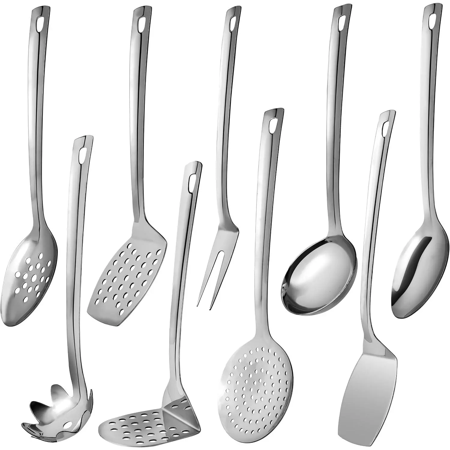 Stainless Steel Cooking Utensils Set 9 count, Metal Kitchen Utensil Set 13" |  Cooking Tools, Heat Resistant, Dishwasher Safe, Heavy Duty