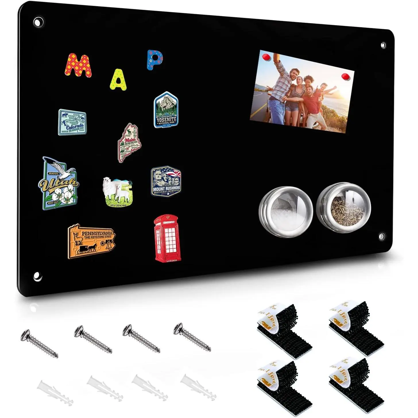 Black Magnetic Board,17.5" x 11.4" Magnet Bulletin Board to Display Magnetic Notes, Poetry, Photos, Suitable for Wall, Refrigerator, Cabinet etc, Come with 4 Pcs Dual Lock Tape and Screws