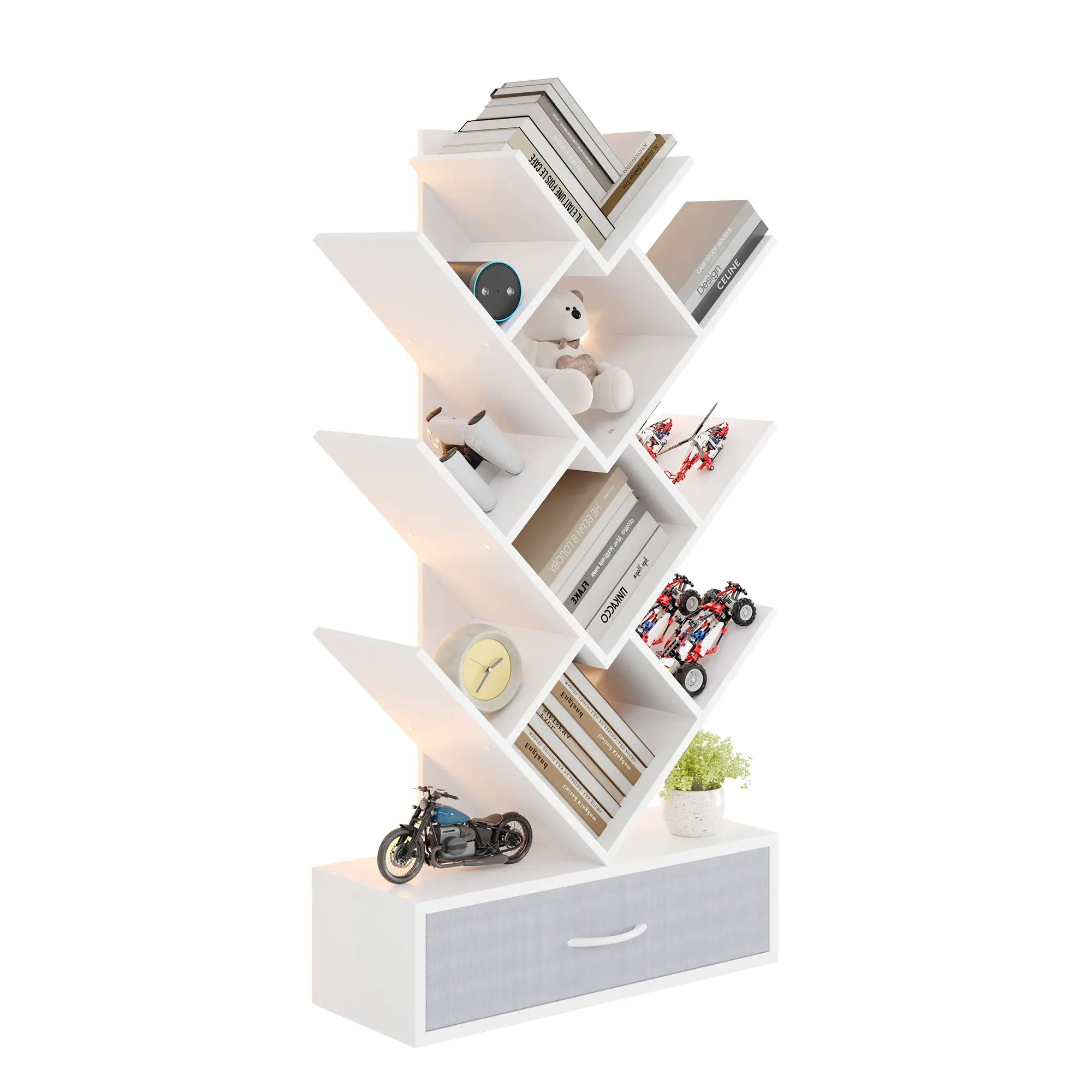 Heart Shape Tree Bookshelf with LED Lights, 7-Tier Bookcase with Drawer, Floor Standing Wood Organizer for Living Room Bedroom Home Office, Brown