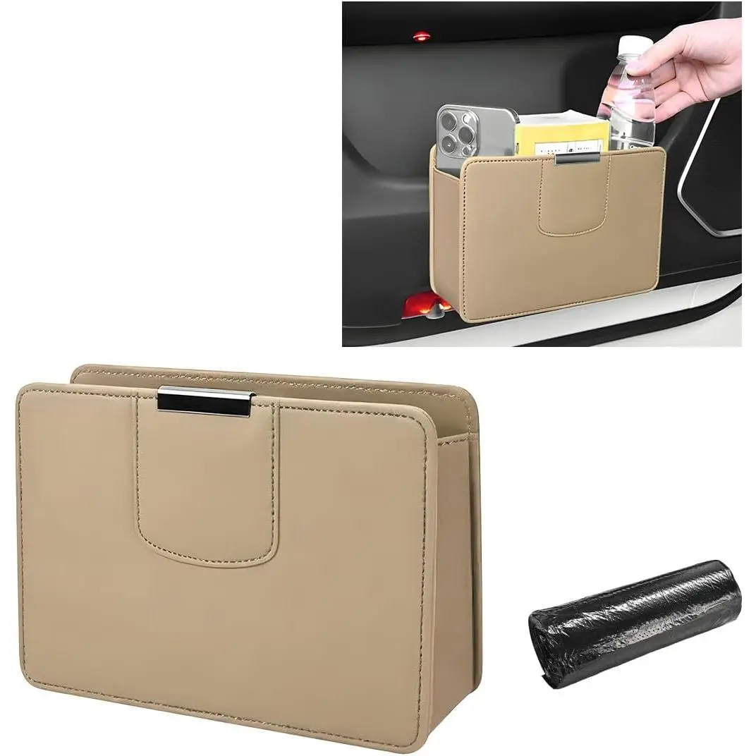Trash Can, Leather Magentic  Garbage Organizer with  Roll Trash Bag, Foldable  Dustbin Litter Container Mini Sotrage Bag for   SUV (Beige)