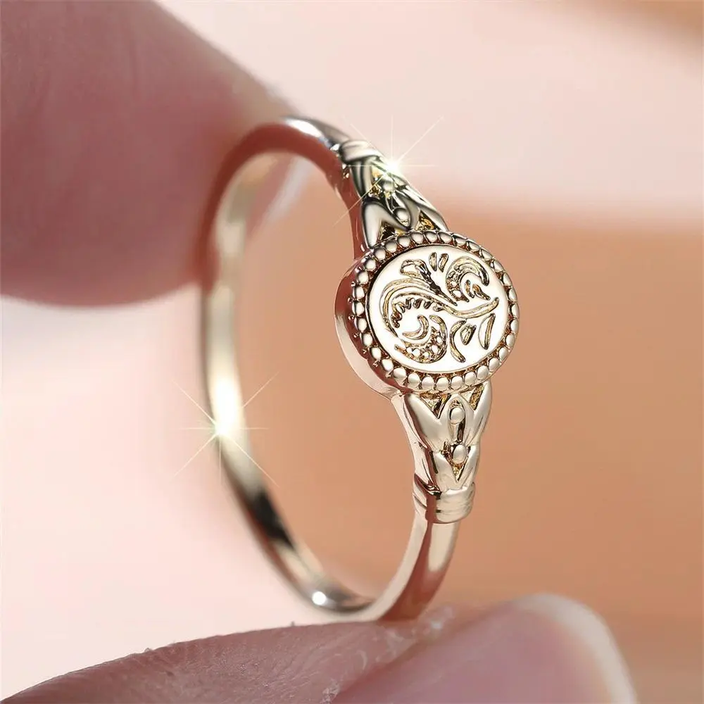 Antique Oval Metal Cute Flower Pattern Thin Rings For Women Vintage Gold Color Engagement Ring Wedding Jewelry Mother's Day Gift