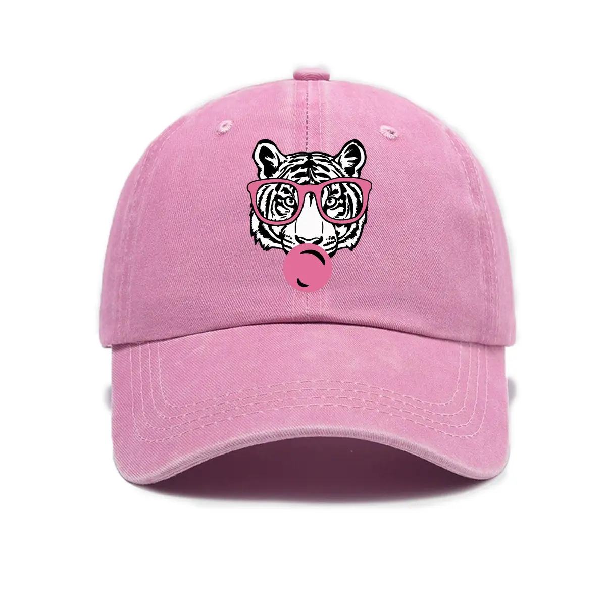 Cool Tiger Glasses Bubble Gum Baseball Cap Washed Cotton Dad Hat Vintage Distressed Adjustable Strapback Hat For Women Men Trendy Cute Animal Graphic Sun Hat Casual Streetwear Outdoor Travel Gifts Pink