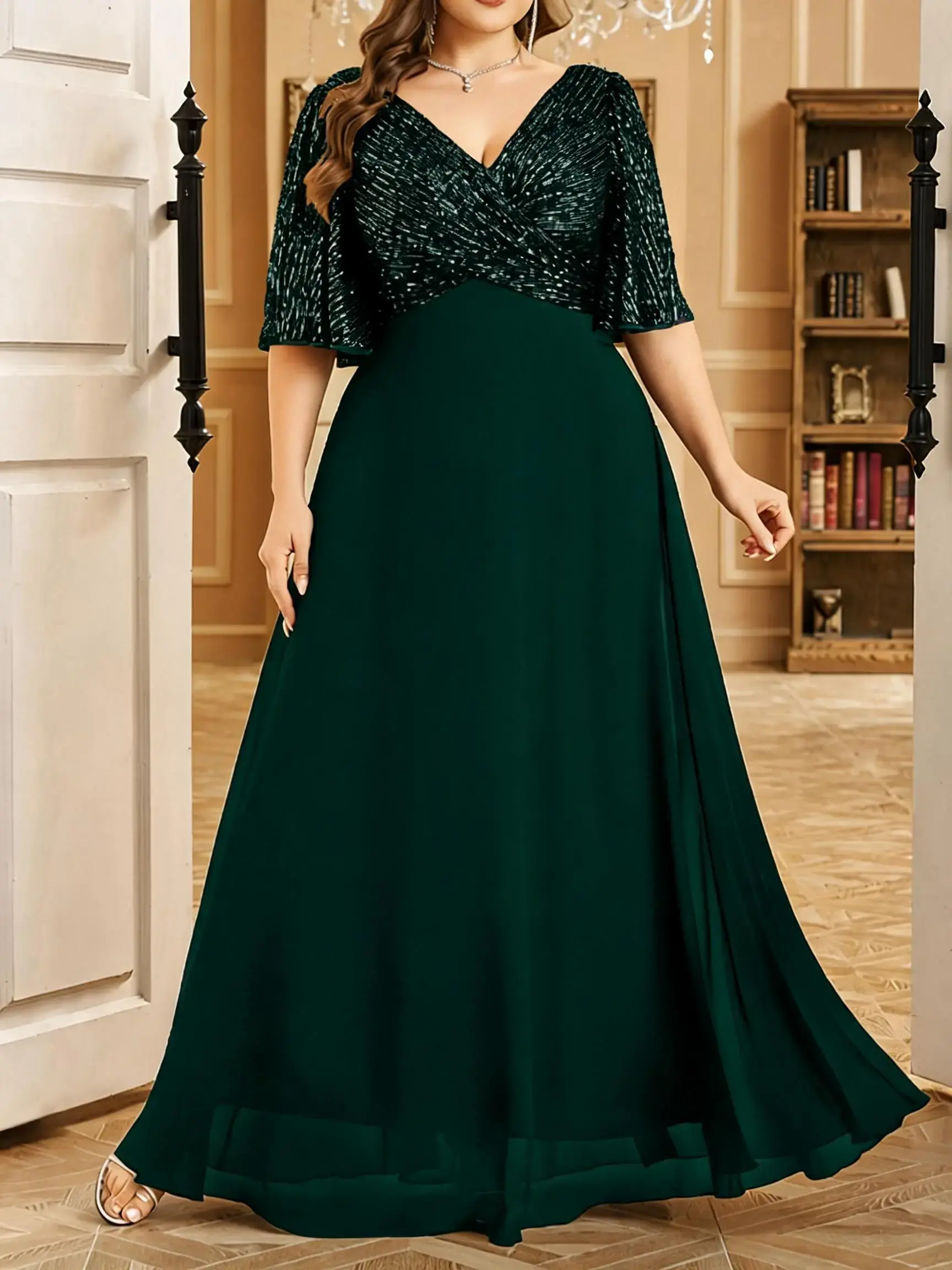 New Plus Size Women's V-Neck Sequin Short Sleeve Patchwork Chiffon Lightweight Elegant A-Line Evening Party Dress, Stylish Chic Formal Wear Formal Gown for Special Occasions