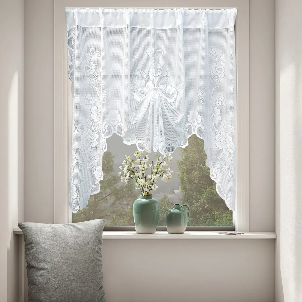 White Lace Sheer Curtains for Kitchen, Café Curtains for Small Windows, Lightweight Floral Window Curtain Panels for Bay Window, Doorway, Cabinet & Living Room, Decorative Privacy Curtain