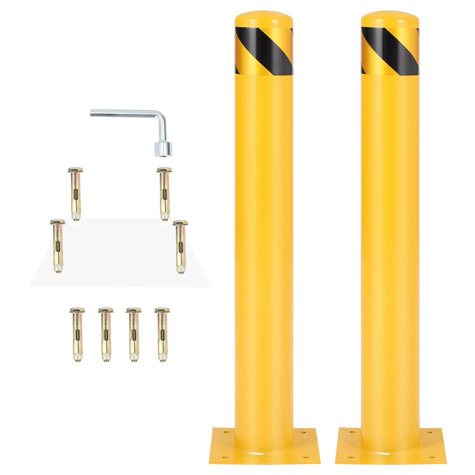 Yellow Steel Bollards, 4.5-Inch Diameter, 36/42/48-Inch Heights, 2/4/6-Pack, Anchor Bolts Included