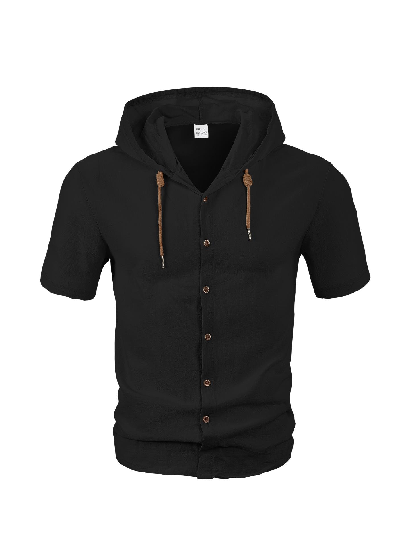 American-style Summer Lightweight Breathable Linen Amekaji Loose-fitting Hooded Men's Short-sleeve Shirt 95% Linen 5% Polyester Casual Menswear