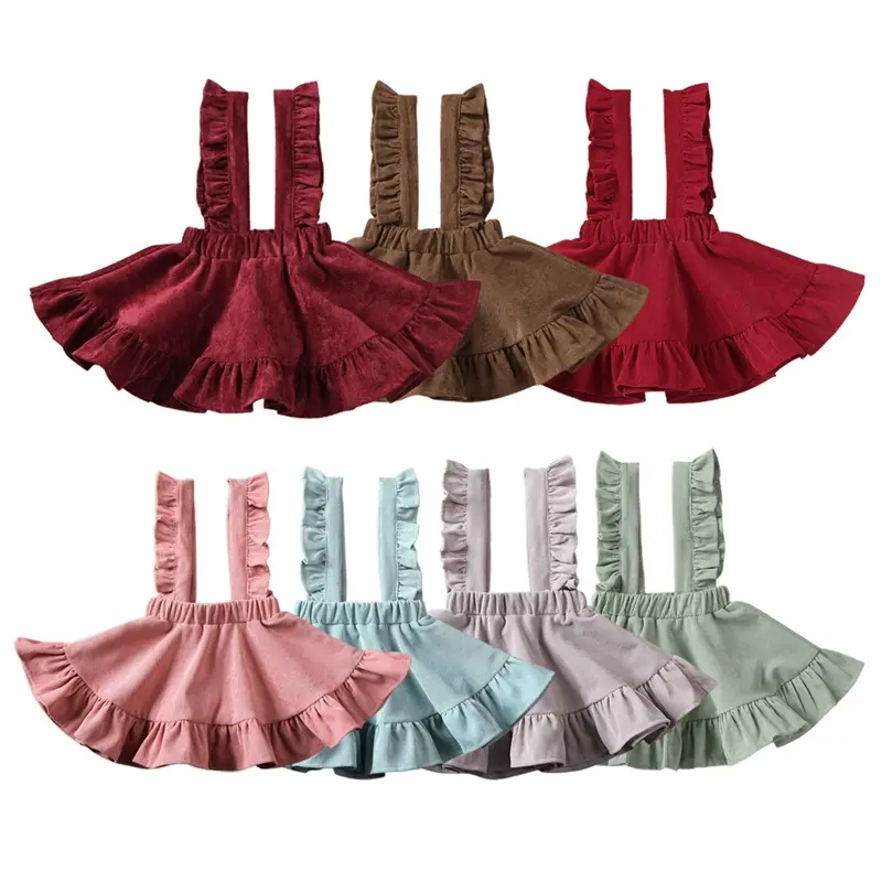 Toddler Girl Ruffle Suspender Skirt Sleeveless Backless Casual Sundress All Seasons Vintage Corduroy Flounce Cake Skirt for Fall 1T-6T