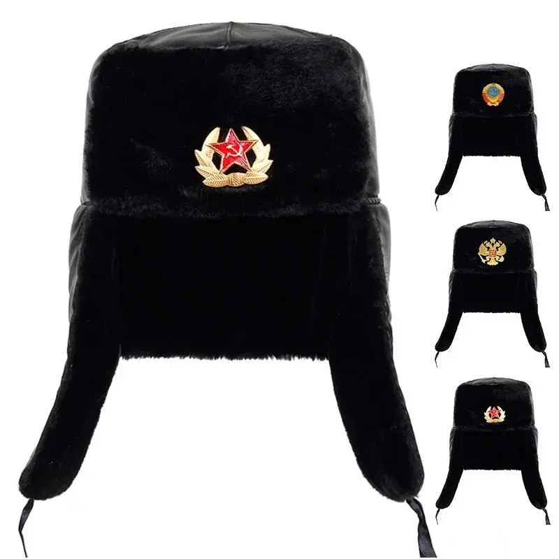 Soviet Army Military Badge Russia Ushanka Bomber Hats Pilot Trapper Trooper Hat Winter Faux Rabbit Fur Earflap Men Snow Caps