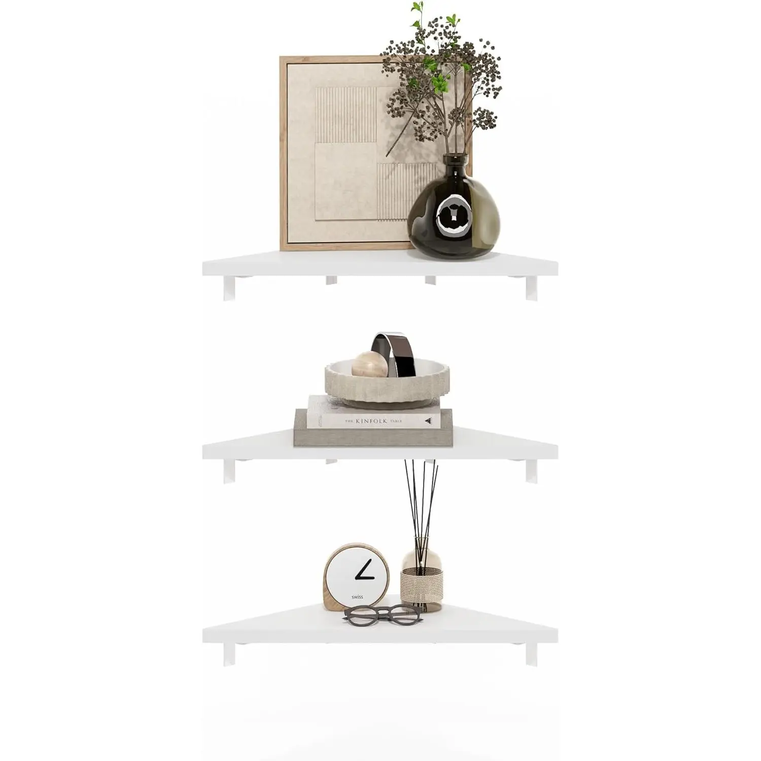 Triangle Floating Shelves for Wall, Set of 3 Geometric Corner Shelf, Wall Mounted Shelves for Bathroom, Home Office, Living Room, White