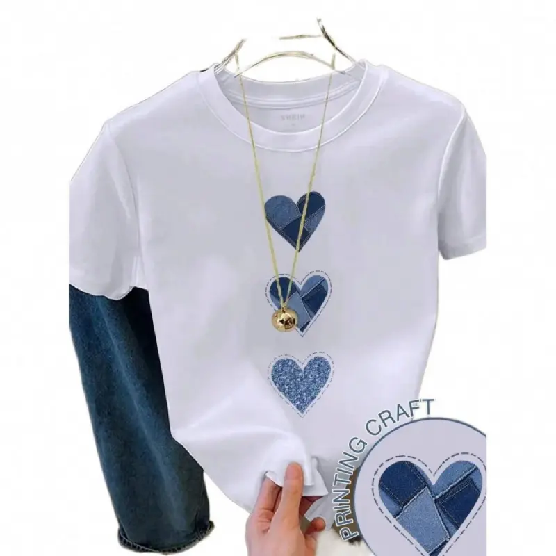 Women's Heart Print Denim T-Shirt, Casual Street Style Cotton Top, Stretchy Shortsleeve Round Neck, True Size Fit for Summer Coffee Dates, Women's Clothes, Machine Washable, Sporty Chic