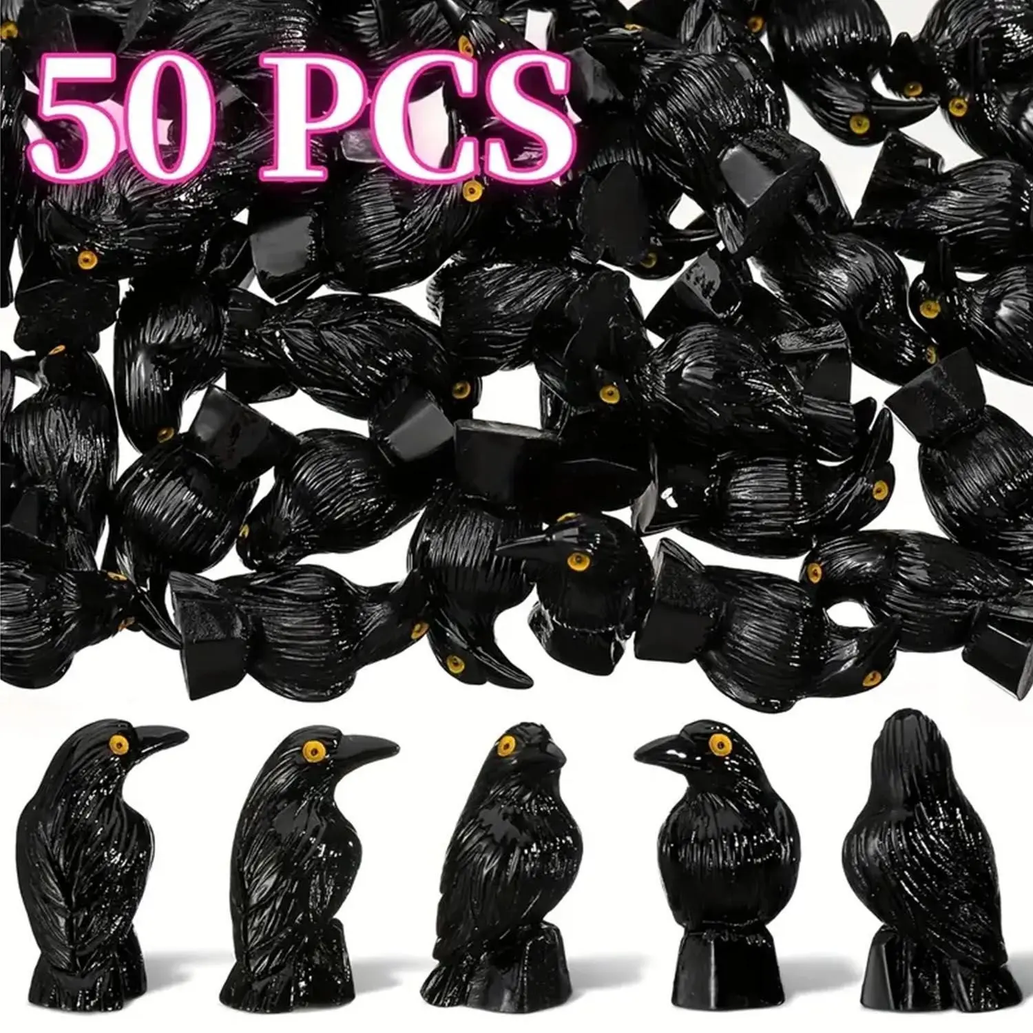 50pcs Mini Dark Crow Statues, Gothic Spooky Halloween Decorations, Black Crow Ornaments, Suitable For Indoor And Outdoor Parties, Horror Landscapes,Haunted House Miniatures, Realistic Animal Sculptures, Fine Craftsmanship, Party Decorations