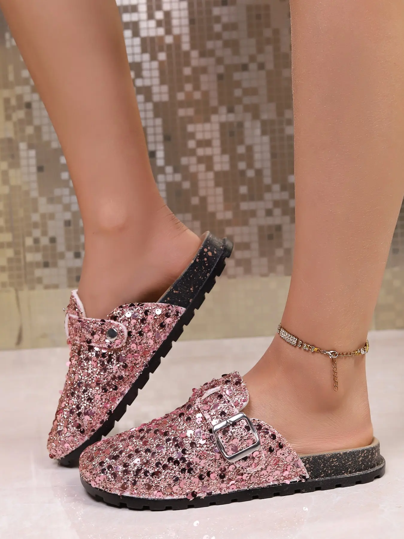 Women Glitter Sequins Slip on Slides, Casual Outdoor Shiny Half Slippers, Synthetic Leather, Medium Width, Spring & Fall