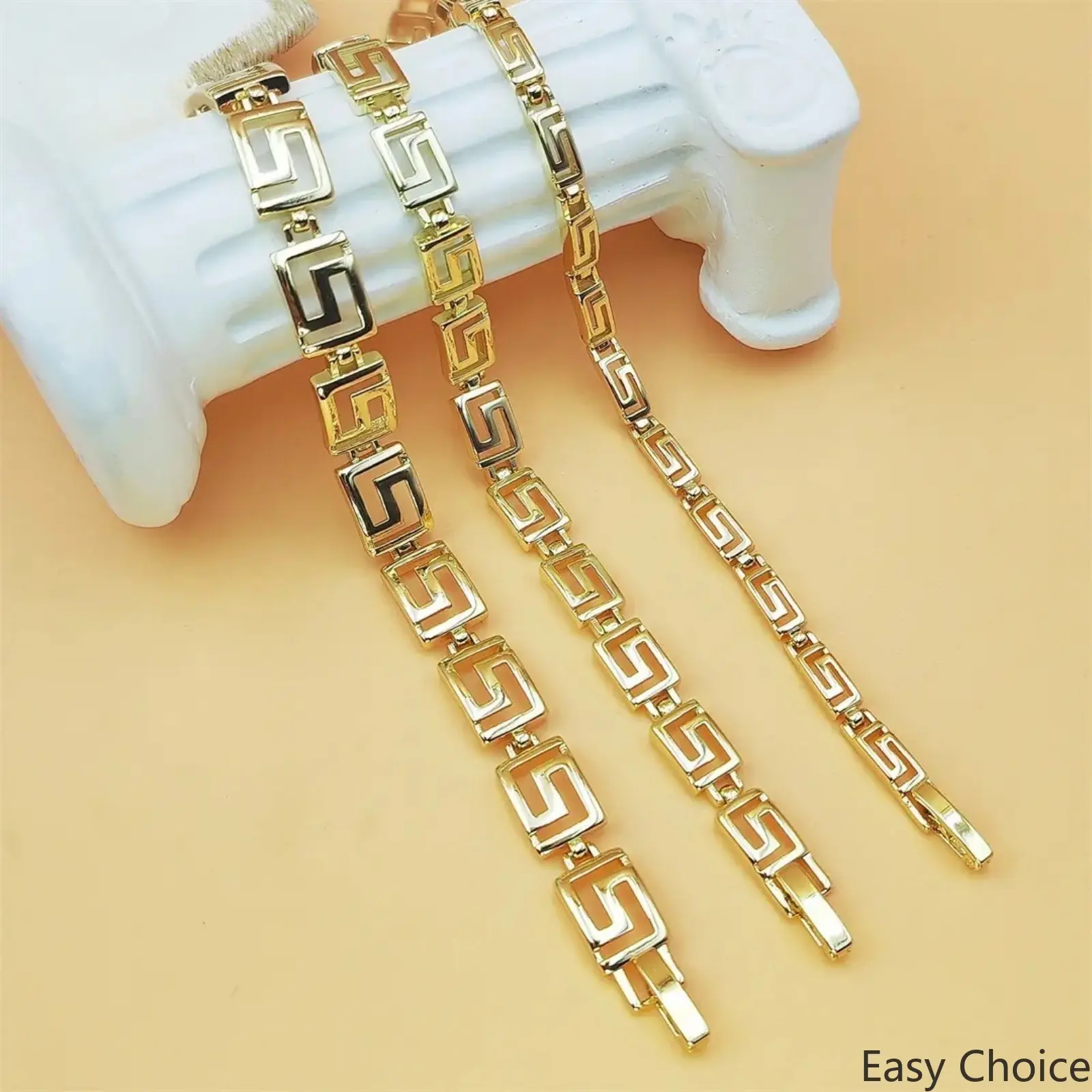 Trendy Greek Key Gold Bracelet Set Geometric Square Link Design Three Different Widths Available Polished Gold Tone Finish Classic and Versatile Accessory for Both Genders Perfect for Everyday Wear and Special Occasions Durable and Comfortable Ideal Gift