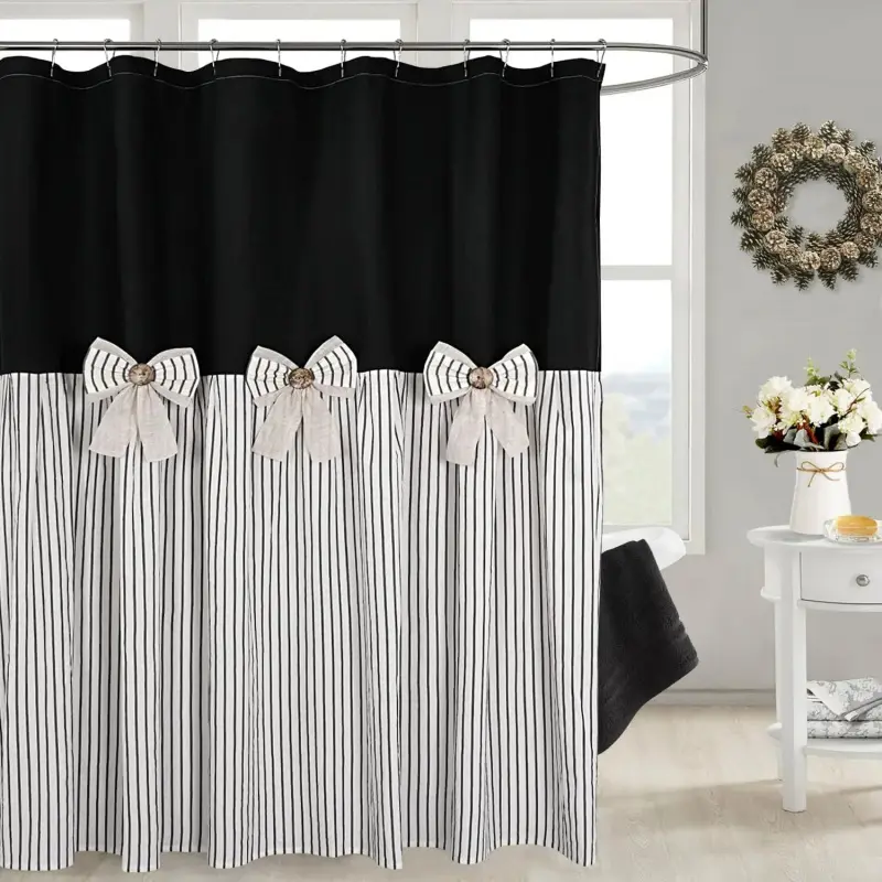 Black Striped Linen Fabric Shower Curtain - Gingham Print Shower Curtain with Bow Decoration for Elegant Bathrooms, Gingham Print Shower Curtains, Fabric Shower Curtains
