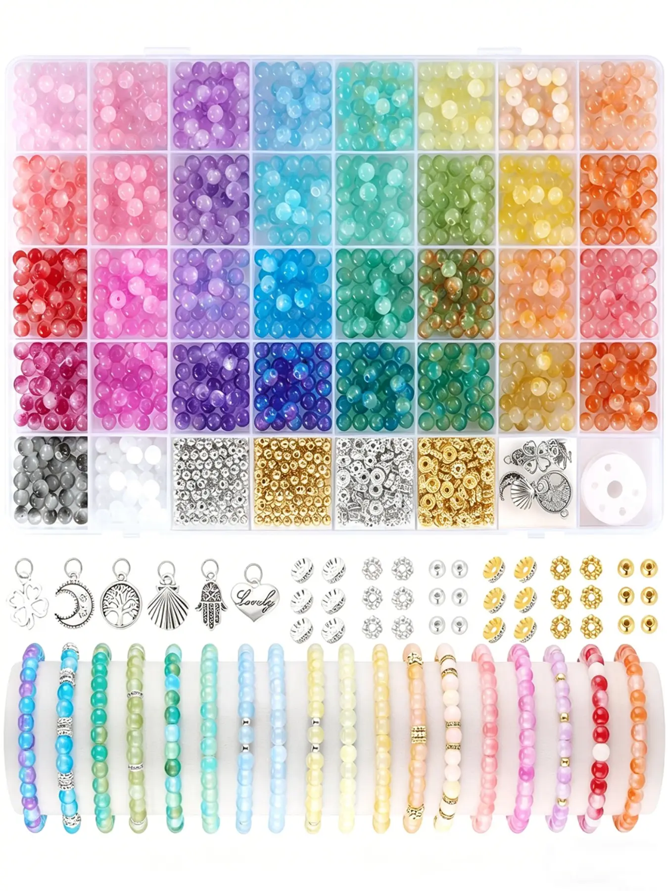 1800pcs 6mm Glass Beads for Bracelets, 34 Colors Crystal Beads for Jewelry Making, Large Storage Box Included, DIY Earrings Necklaces Craft Supplies