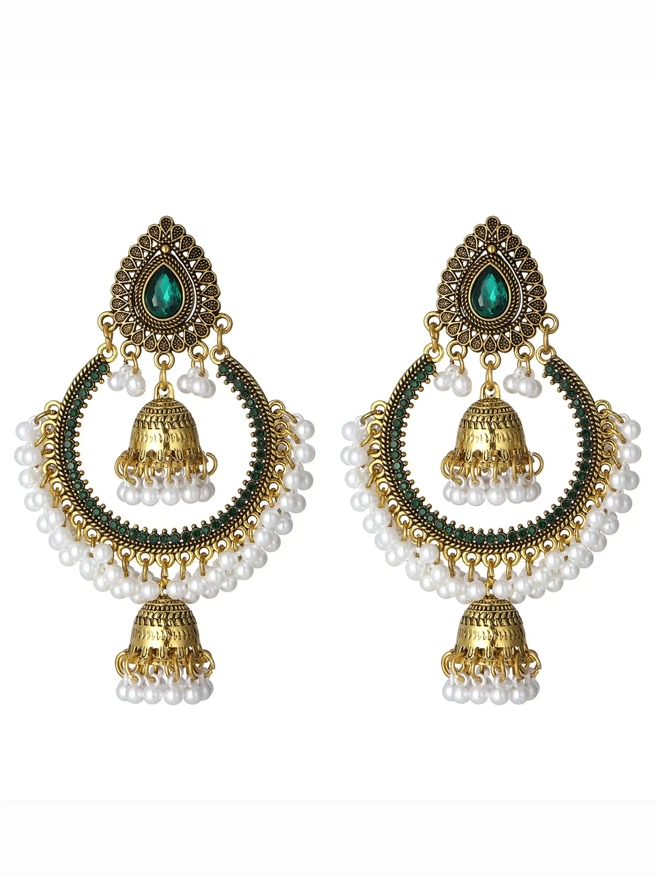 Vintage Gold Indian Jhumka Chandbali Earrings for Women, Ethnic Boho Crescent Hoop Pearl Tassel Bell Dangle Earrings, Bollywood Tribal Statement Green Gemstone Drop Earring Pack, Summer Music Festival Jewelry (5 Colors)