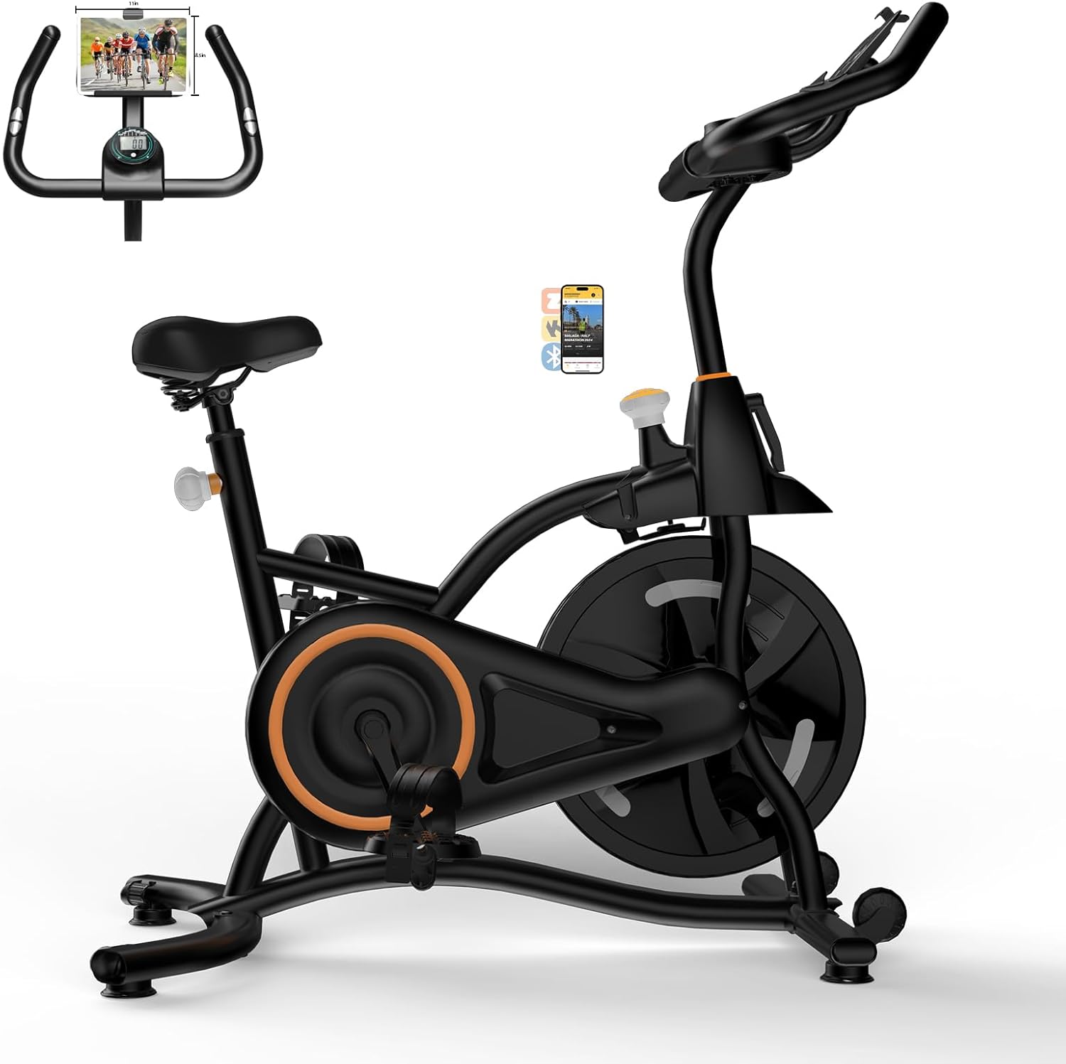 SUNDAY MIRTH Exercise Bike, Stationary Bikes for Home with Grip Pulse Sensor and Stepless Resistance Adjustment, Compact Indoor Cycling Bike with Tablet Mount, Compatible with APP Sync